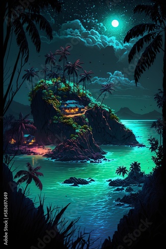 illustration, neon fantasy tropical island, ai generative