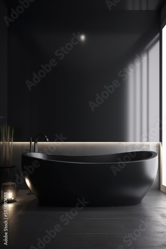 Luxury bathroom with window. Modern big matte black bathtub and