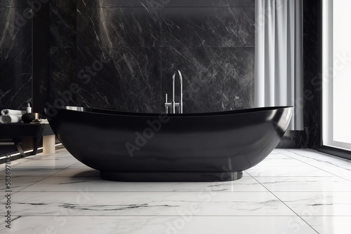 Luxury bathroom with window. Modern big black bathtub and marble tiles