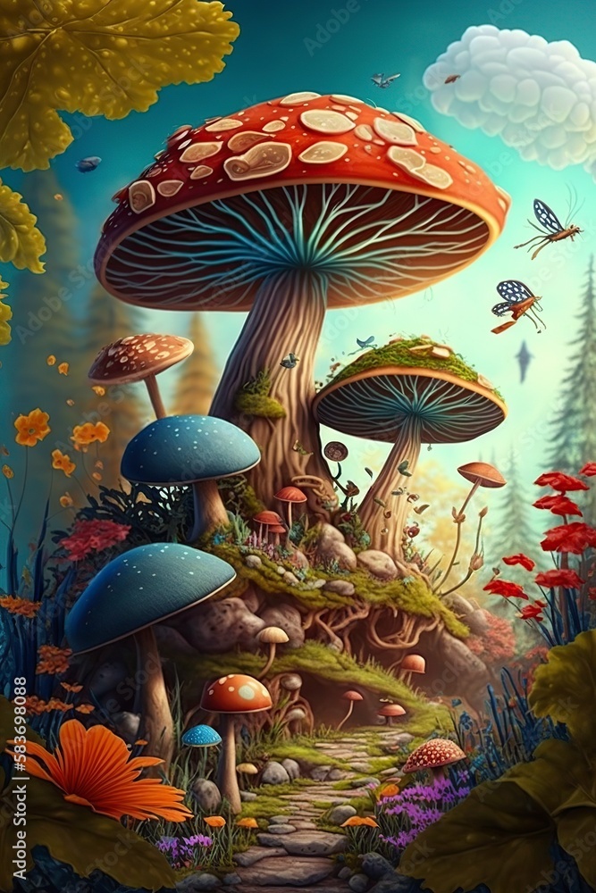 illustration, forest wonderland with mushrooms, ai generative.