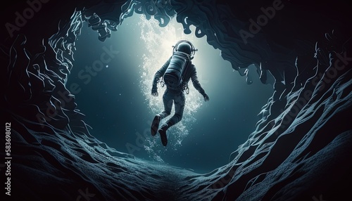 astronaut diving into a deep abyss, digital art illustration, Generative AI