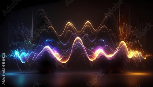 Abstract soundwave visual background. Dynamic motion neon lines. Abstract digital landscape soundwaves with flowing particles. Music energy spectrum pattern. Audio creativity concept. Generative AI 