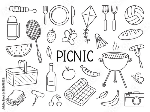 Summer picnic doodle set. Basket, fruit, barbecue, badminton, thermos in sketch style. Hand drawn vector illustration isolated on white background