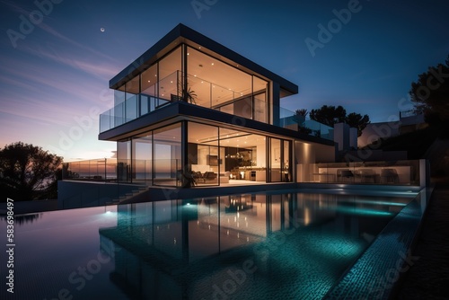Contemporary villa with pool and garden at blue hour, generative ai © FrankBoston