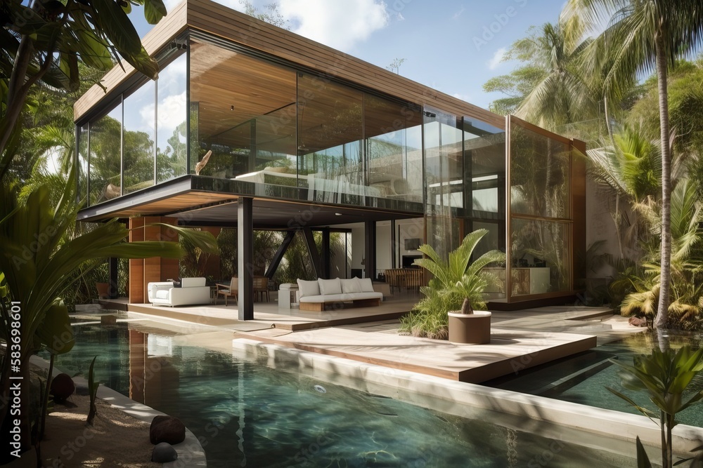 Stunning modern glass house completely transparent with a huge pool surrounded by a tropical garden, generative AI
