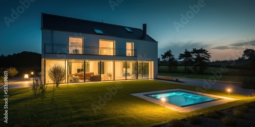 Classic house with garden and pool at blue hour, generative ai © FrankBoston