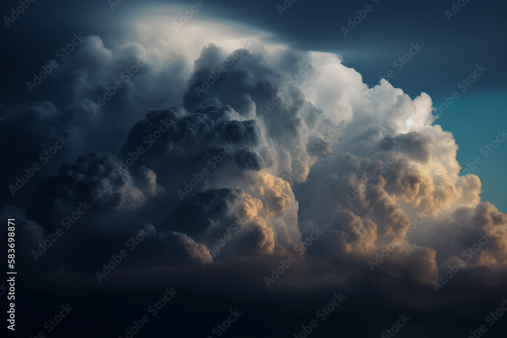 Obraz premium Photorealistic ai artwork of thunderstorm clouds and sky at sunset. Generative ai.