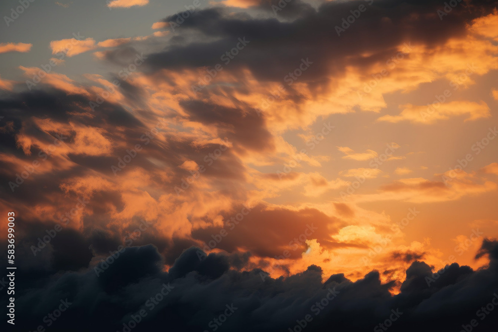 Fototapeta premium Photorealistic ai artwork of dramatic sky and clouds at sunset. Generative ai.