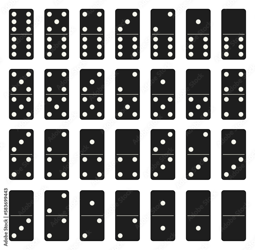 Domino set of 28 tiles with black pieces with white dots Domino set of 28 tiles with black pieces with white dots