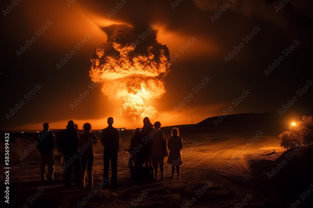 Photorealistic ai artwork of a nuclear or atomic explosion test in the desert with a crowd of people watching. Generative ai. Photorealistic ai artwork of a nuclear or atomic explosion test in the desert with a crowd of people watching. Generative ai.