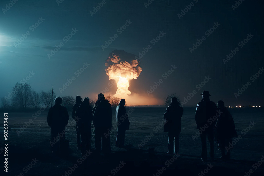 Photorealistic ai artwork of a nuclear or atomic explosion test in the desert with a crowd of people watching. Generative ai.