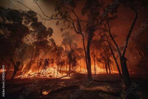 Photorealistic ai artwork of a bushfire or a fire in the forest with embers, reflections and smoke. Generative ai.