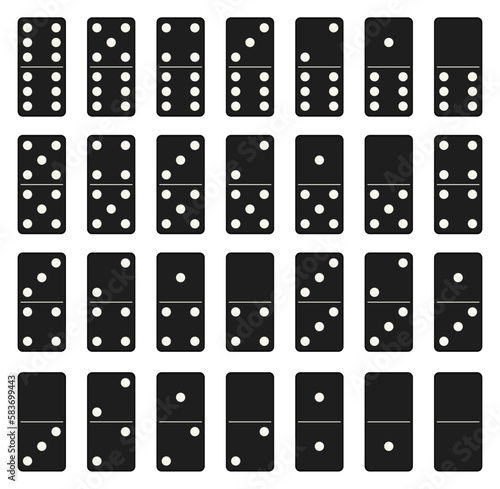Domino set of 28 tiles with black pieces with white dots
