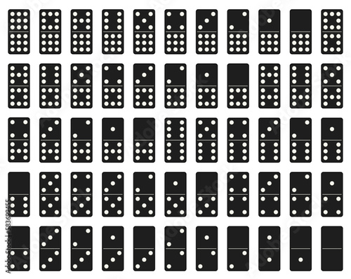 Domino set of 55 tiles with black pieces with white dots