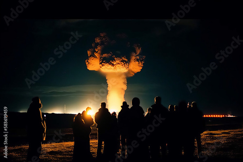 Photorealistic ai artwork of a nuclear or atomic explosion test in the desert with a crowd of people watching. Generative ai.