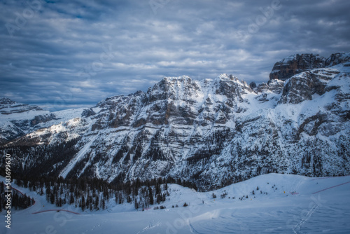 Famous Italian Alps Brenta Dolomites, snow on the slopes of the Alps Madonna di Campiglio, Pinzolo, Italy. Ski resorts in Italy. January 2023