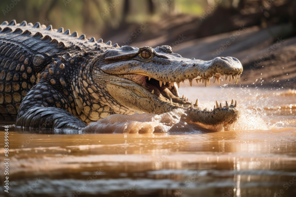 Obraz premium Photorealistic ai artwork of a crocodile in the water. Generative ai.