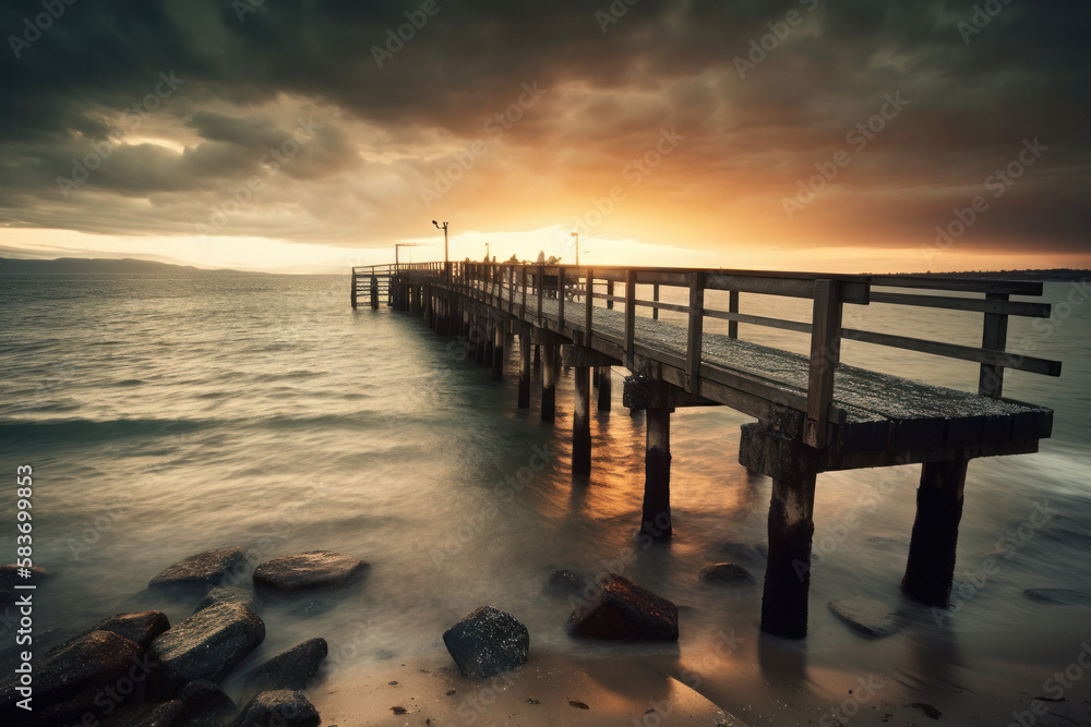 Fototapeta premium Photorealistic ai artwork of a dramatic sunset or sunrise over a pier. Generative ai.