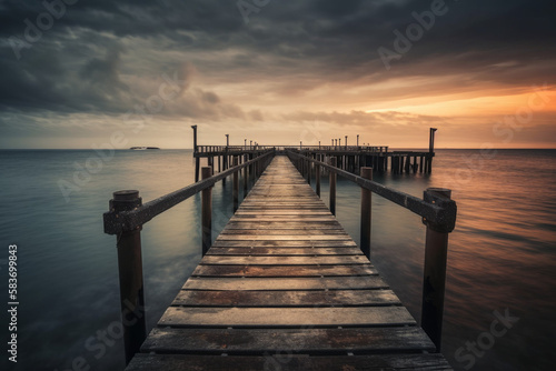 Photorealistic ai artwork of a dramatic sunset or sunrise over a pier. Generative ai.