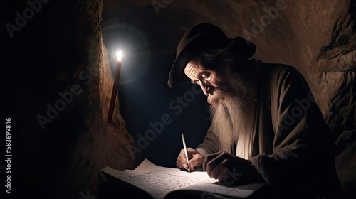 Fotografia Biblical Illustration - An older man perhaps a scribe or prophet writes while in