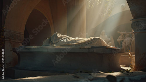 Biblical Illustration of a body wrapped in a shroud laying in a wealthy tomb - Generative AI Illustrations