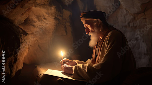 Tela Biblical Illustration - An older man perhaps a scribe or prophet writes while in