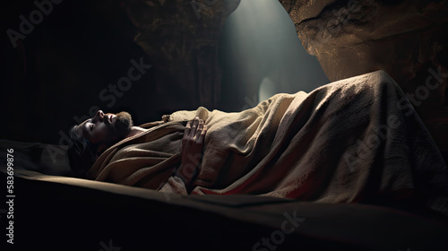 Biblical story man lays in a tomb made of stone - Generative AI Illustrations photo