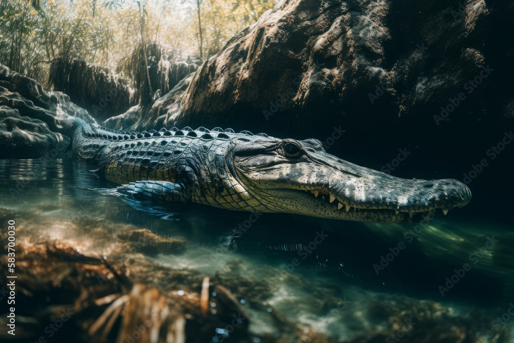 Photorealistic ai artwork of a crocodile in the water. Generative ai.