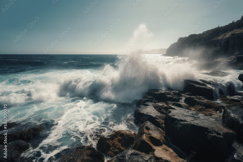Photorealistic ai artwork of an aerial view of large waves crashing on rocks. Generative ai.