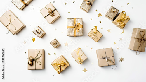 Christmas gifts on white background top view, Flat lay. - Christmas, gifts, presents, top view, flat lay. - bows, boxes, surprises, joy, celebration, festive, holidays, seasonal