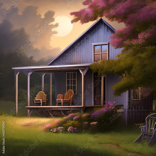 A farmhouse with a porch light and a rocking chair3, Generative AI photo