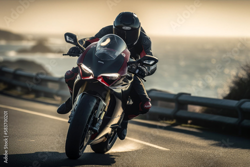 Photorealistic ai artwork concept of a person riding a black and red Italian superbike or sportbike motorcycle on a coastal road. Generative ai. © JG Marshall