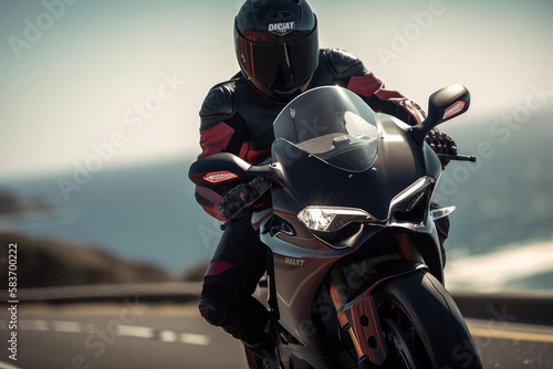 Photorealistic ai artwork concept of a person riding a black and red Italian superbike or sportbike motorcycle on a coastal road. Generative ai. © JG Marshall