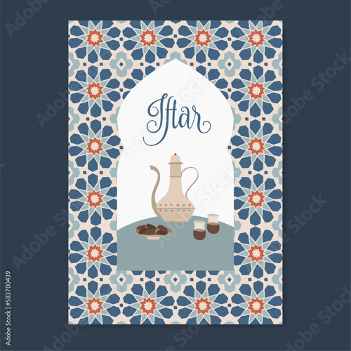Iftar dinner menu card, invitation. Hand drawn dallah coffee pot, date fruit and Turkish tea. Moroccan star shaped pattern, vector tile background. Ramadan Kareem, Eid ul Fitr postcard. Arab design.