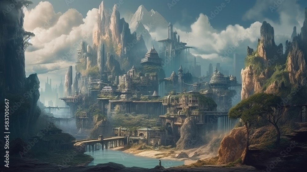 Cities Fantasy Backdrop, Concept Art, CG Artwork, Realistic Illustration with Generative AI
