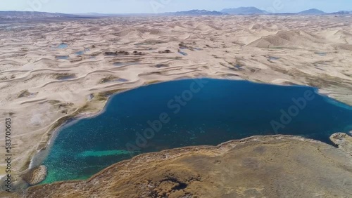 Aerial view of water formations after spring rains in the Sahara Desert, Algeria.