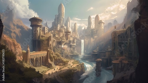 Cities Fantasy Backdrop, Concept Art, CG Artwork, Realistic Illustration with Generative AI 