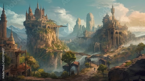 Cities Fantasy Backdrop, Concept Art, CG Artwork, Realistic Illustration with Generative AI 