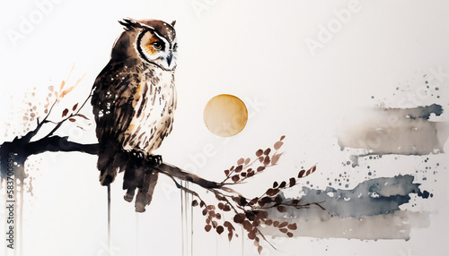 owl sitting on branch, isolated on white background - watercolor style illustration background by Generative Ai