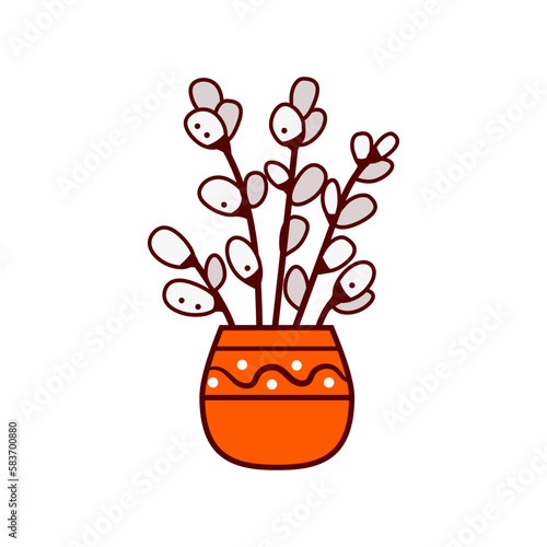 Vase with pussy willow branches on white background