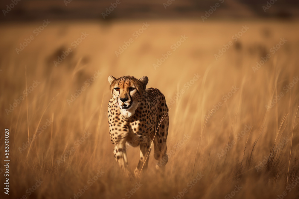 Naklejka premium Guépard à l'affût dans les hautes herbes de la savane africaine