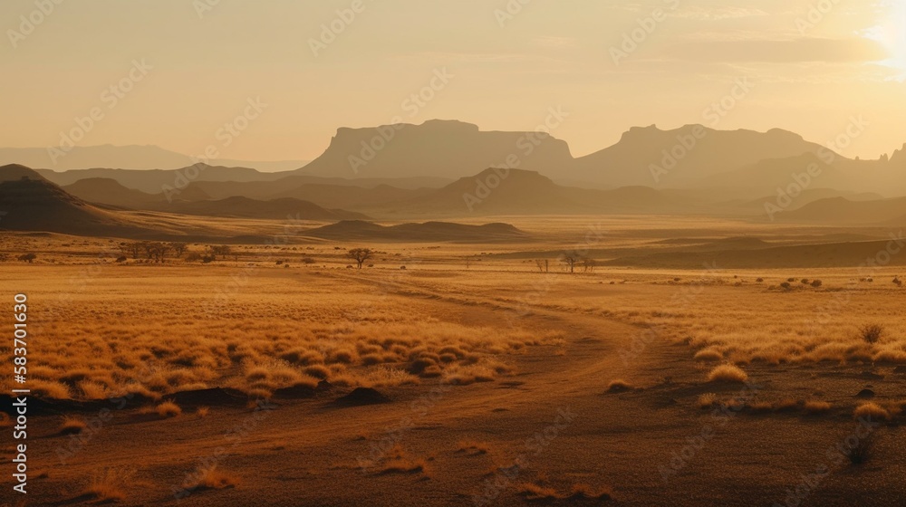 A vast desert landscape with a towering mountain range in the distance, bathed in the warm light of a rising sun Generative AI
