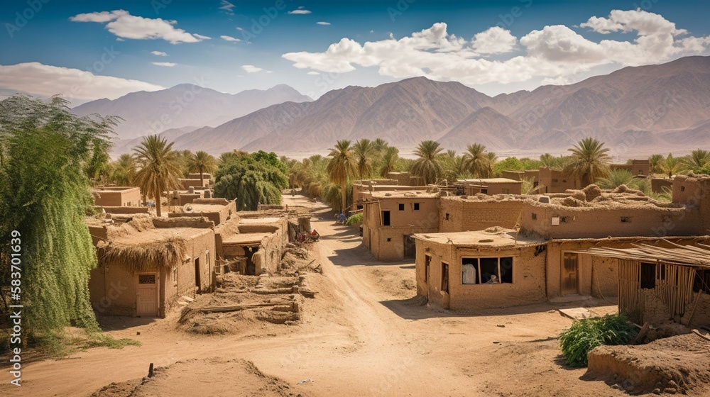 A small desert village with traditional mud-brick homes and a bustling market, surrounded by palm groves and a stunning mountain backdrop Generative AI