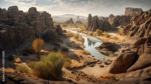 A dramatic desert canyon with towering rock formations and a winding river flowing through the center Generative AI