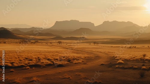 A vast desert landscape with a towering mountain range in the distance  bathed in the warm light of a rising sun Generative AI