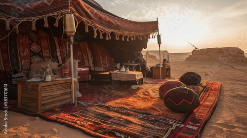 A traditional Bedouin tent with intricate tapestries and rugs, set against a stark desert landscape Generative AI