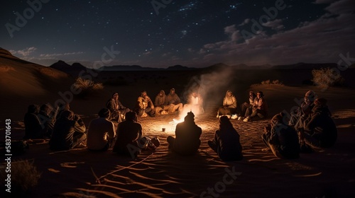 A group of desert nomads gathering around a fire at night, with stars twinkling in the clear sky above Generative AI