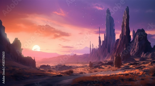 A dramatic and otherworldly desert landscape with towering rock formations and a glowing purple sky Generative AI