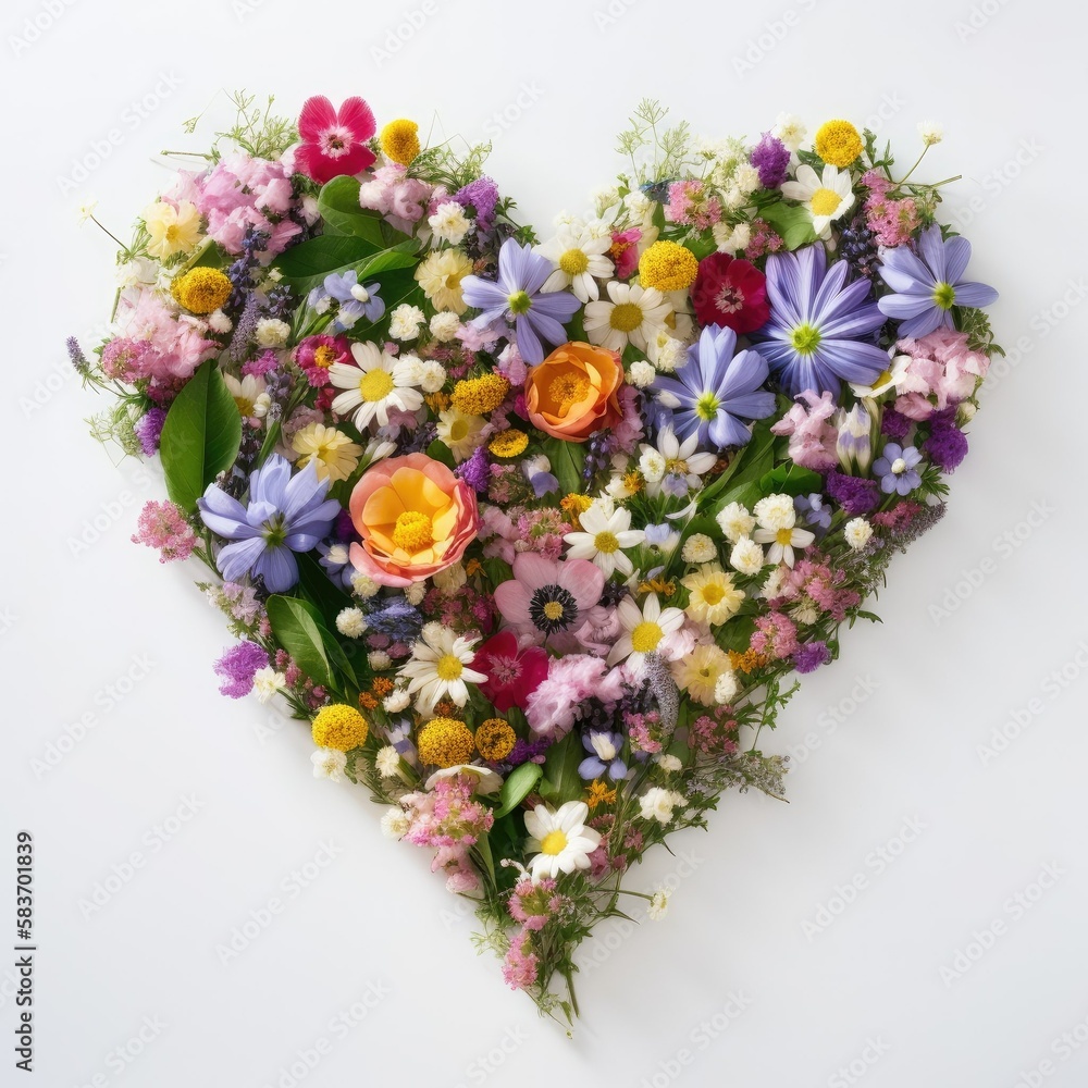 A  beautiful floral arrangement of flowers in the shape of a heart on a white background- generative ai