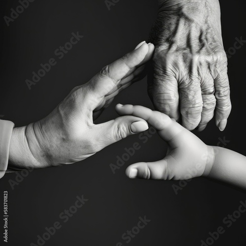 Black and white picture of three women's hands reaching for each other from three generations - generative ai